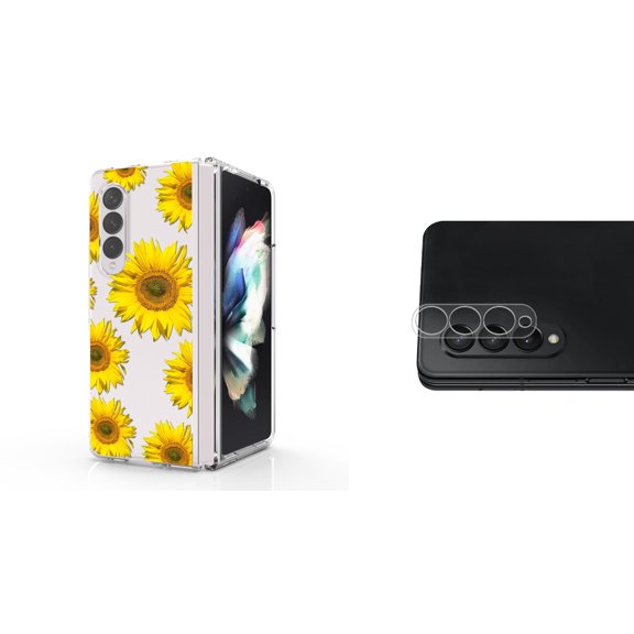 Accessory Bundle for Galaxy Z Fold 4: Slim Snap-On Case (Sunflowers), Rear Camera Glass Protector