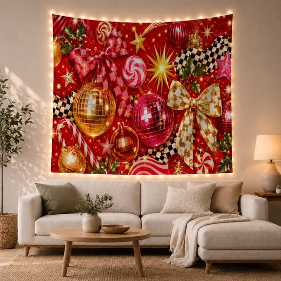 Disco Balls and Bows Against Bright Red Background Playful Maximalist for Holiday Enthusiasts Festive Wall Art Decor Christmas Gift Tapestry Wall Hanging for Living Room and Dorm