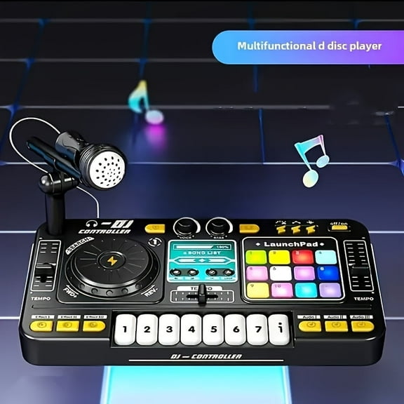 OZMI DJ Turntable Set - Portable Mixer with 7 Piano Keys, Adjustable Lights & Volume, Ideal Music Gift for Teens