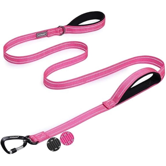 Eryueer Dog Leash Twingrip Double Handle Dog Leash with Traffic Handle Control & 2 Loop for Walking & Training, Reflective Heavy Duty for Puppy Pet Collar, 6ft x 1in, Pink