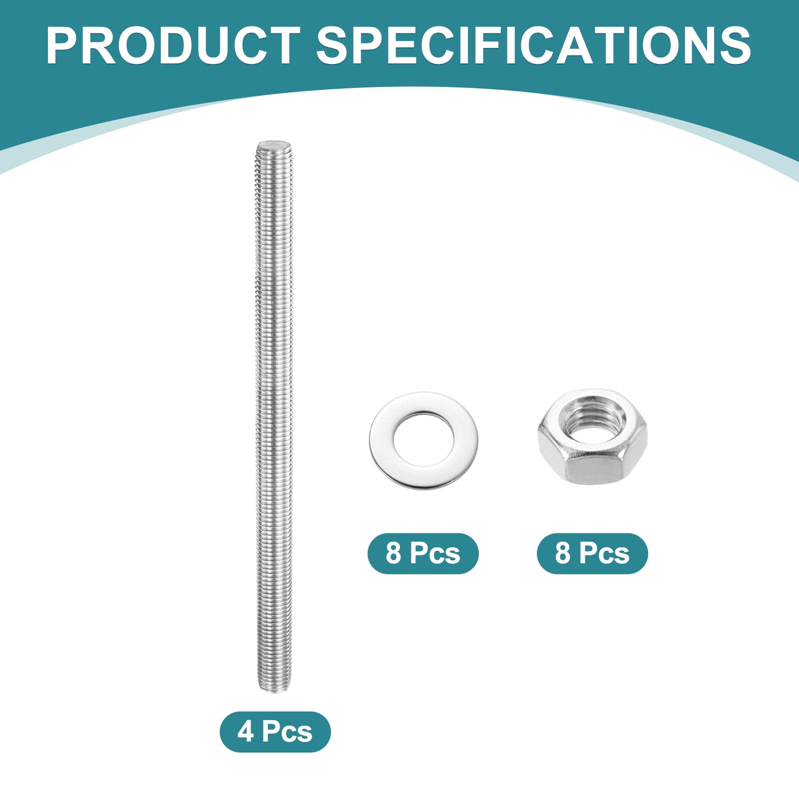 2 Pack Fully Threaded Rod, M16 x 250mm 201 Stainless Steel Right Hand Threads Rods with Nuts and Flat Washer