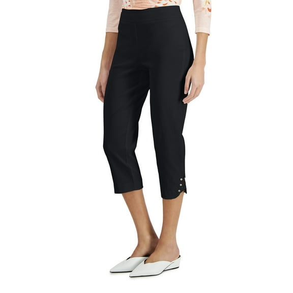 JM Collection Women's Elastic Waist Lattice-Hem Capri Pants Deep Black Size XXL