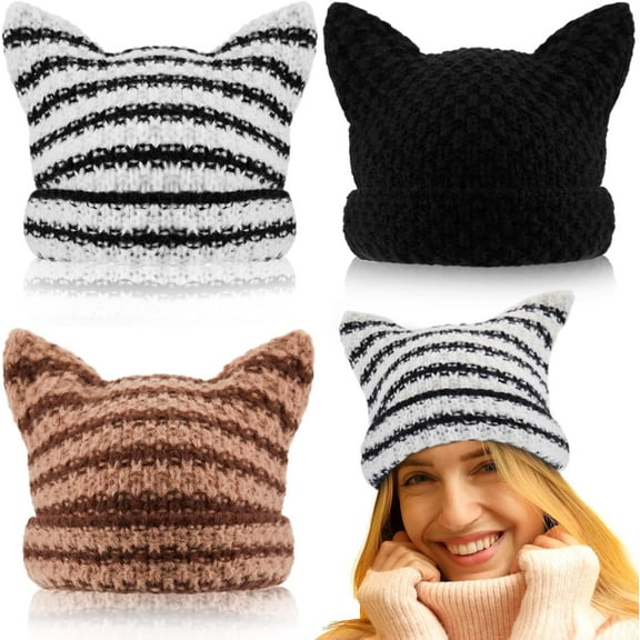 3 Pcs Women Cat Ear Beanie Crochet Y2k Cat Hats for Women Grunge Accessories Slouchy Hat Crochet Beanie with Ears