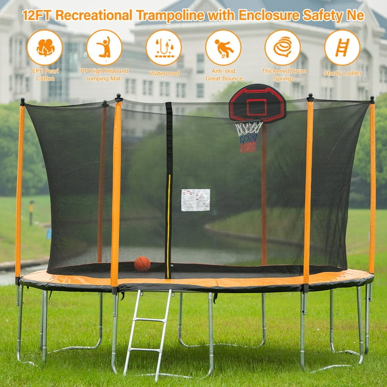 Fun Orange 12FT Round Black Backyard Trampoline with Safety Enclosure,  Waterproof Spring Cover Padding, and Enhanced Durability in the Trampolines  department at