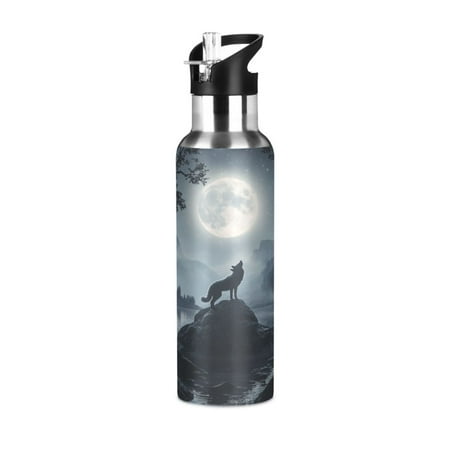 

600/1000ML Stainless Steel Sport Water Bottle with Straw Lid Leak Proof Vacuum Insulated Mug for Outdoor Activities Cycling Running & Walking Wolf Howling at The Moon