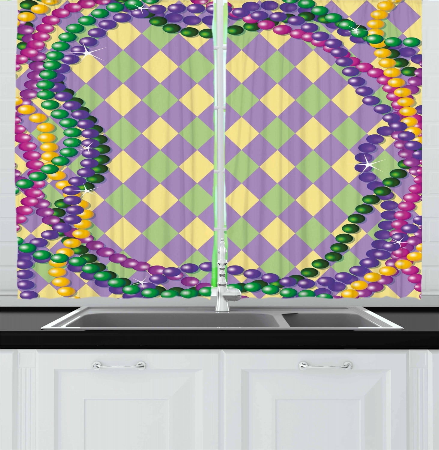 Mardi Gras Curtains 2 Panels Set, Mardi Gras Celebration Beads in Vibrant Graphic Style on Diamond Line Pattern, Window Drapes for Living Room Bedroom, 55W X 39L Inches, Multicolor, by Ambesonne