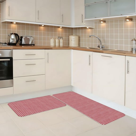Voguly Kitchen Rugs Set of 2, Red White Gingham Plaid, 17x29 17x47 Inch, Classic Checkered Pattern, Non Slip Floor Mat, Washable, Farmhouse Home Decor