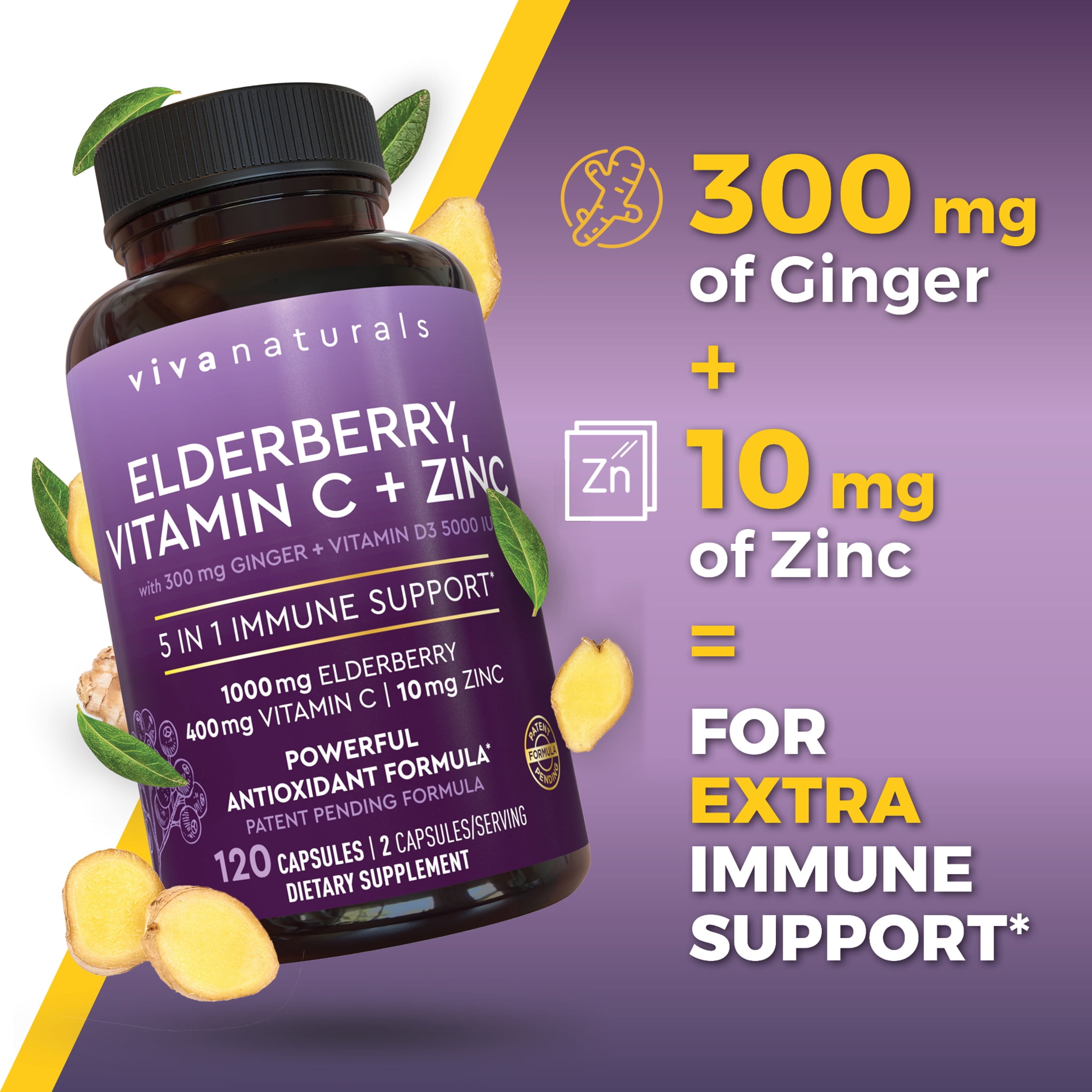Viva Naturals Elderberry, Vitamin C + Zinc, 120 Capules
