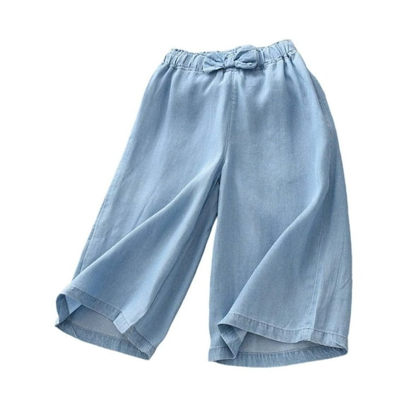 LIIPEE Girls Boys Jeans Pants Summer Loose Casual Bowknot Elastic Waist Straight Wide Leg Denim Pants Child Trendy Casual Wear Pants,Blue,2-3 Years