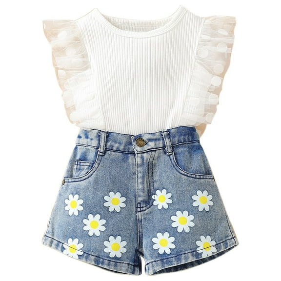 Utlike Girls Outfit Sets Children's Clothing Summer Suit New Mesh Lace Top Embroidered Denim Shorts Girls Holiday Dresses Sets Size 12 Months-24 Months