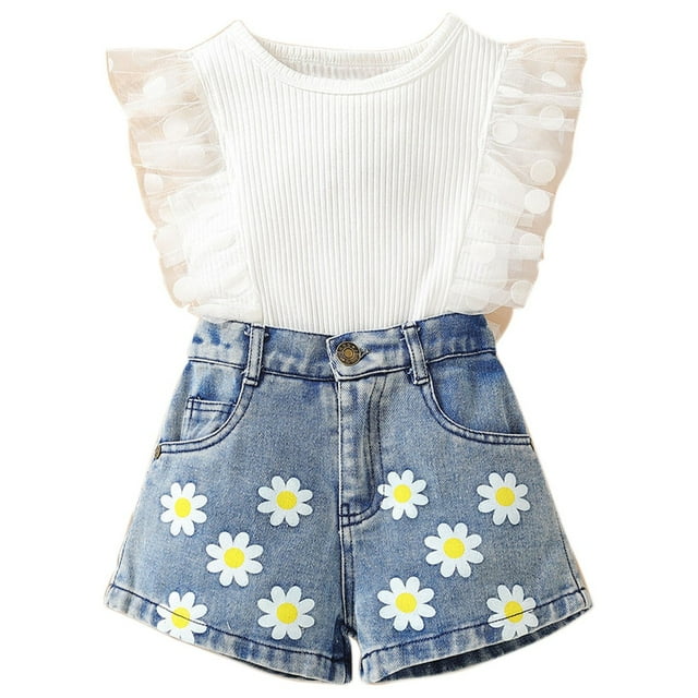 Hiiyo Infant Girls Ruffle Sleeve Ribbed Tee Shirt Denim Shorts Set Summer Outfits for Kids