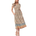 thumbnail image 2 of INSPIRE CHIC Women's Boho Dresses V Neck Cap Sleeve Smocked A-Line Floral Tiered Flowy Maxi Dresses M Beige, 2 of 6