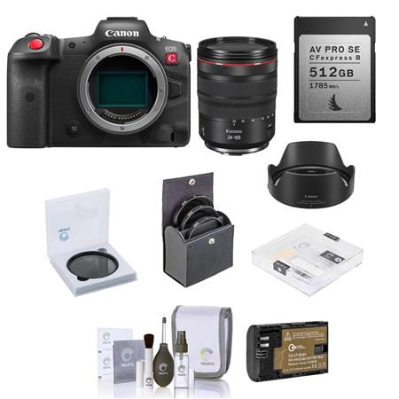 EOS R5 C Mirrorless Digital Cinema Camera with RF 24-105mm f/4 L IS USM Lens, Bundle with 512GBÂ CFexpress Type-B Memory Card, Extra Battery, Filter Kit, Screen Protector, Cleaning Kit