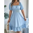 thumbnail image 4 of Women'S Boho Summer Square Neck Puff Sleeve Off Shoulder Smocked Tiered Casual A Line Short Mini Dress Light Blue M, 4 of 8