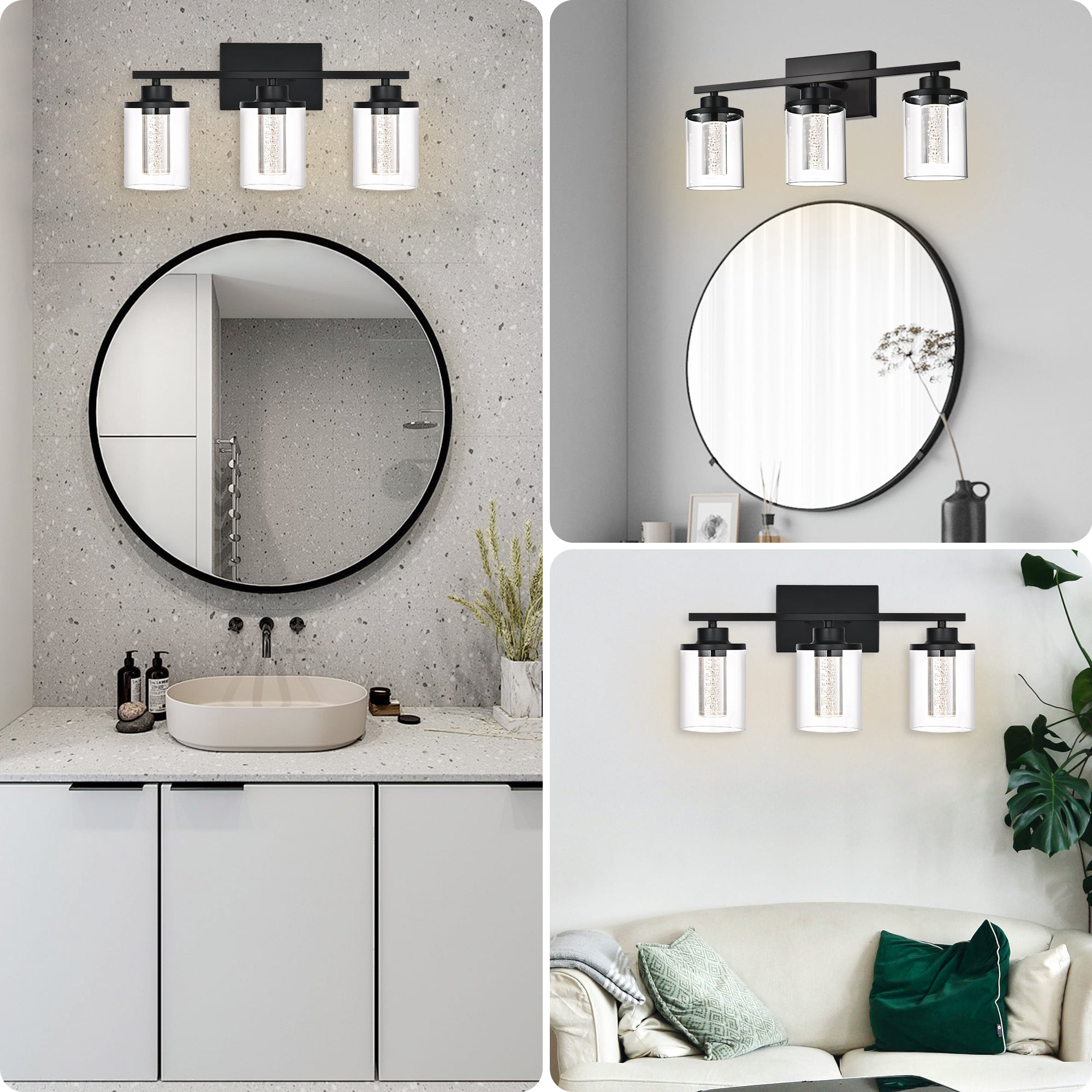 Melucee 5CCT Dimmable LED Black Vanity Lights 3-light, Modern Vanity Lighting Fixtures with Crystal Light Columns and Clear Glass for Bathroom Bedroom