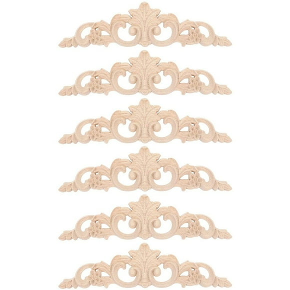 6Pcs Onlay Wood Mouldings Wood Applique Wood Decal Carved Unpainted Long Flower Rubber Wood Corner Furniture