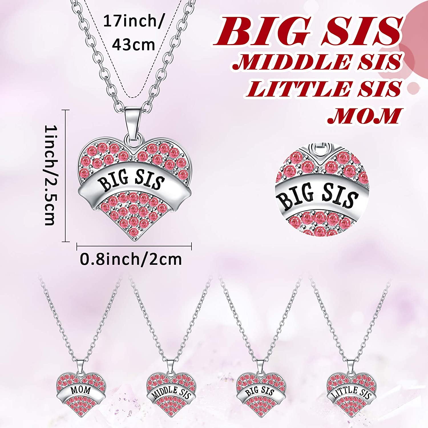 Iguohao 4 Pieces Big Sis Middle Sis Little Sis Mom Crystal Heart Shape Pendant Necklace Set Sister Family Jewelry For Sister Girls Kids