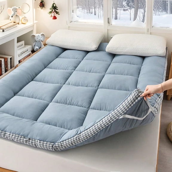 Cooling Thicked Mattress Topper, Summer Checked Futon Floor Mattress - Premium Fiber Filling Folding Roll Up Mattress Sleeping Pad, 6-8cm Thickness Quilted Mattress Topper For Sleeping