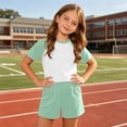 thumbnail image 5 of Girls Summer 2 Piece Outfits Short Sleeve T Shirts Top and Shorts Set Kids Clothing Sets with Pockets Teen Soft Comfy Athletic Casual Sets Sportswear Green 13-14 Years, 5 of 7