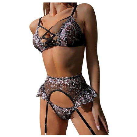 

KDDYLITQ Bra and Panty Set for Women s 3 Piece Embroidered with Garter Belt Criss Cross Lace Sexy Lingerie Sets Black M