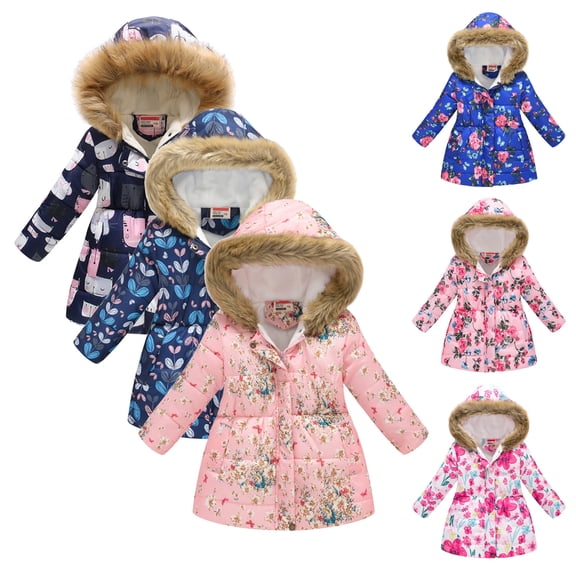 Girls Floral Cat Print Puffer Coat Hooded Faux Fur Trim Warm Outerwear 2-3 Years Spring Fall Winter Jacket
