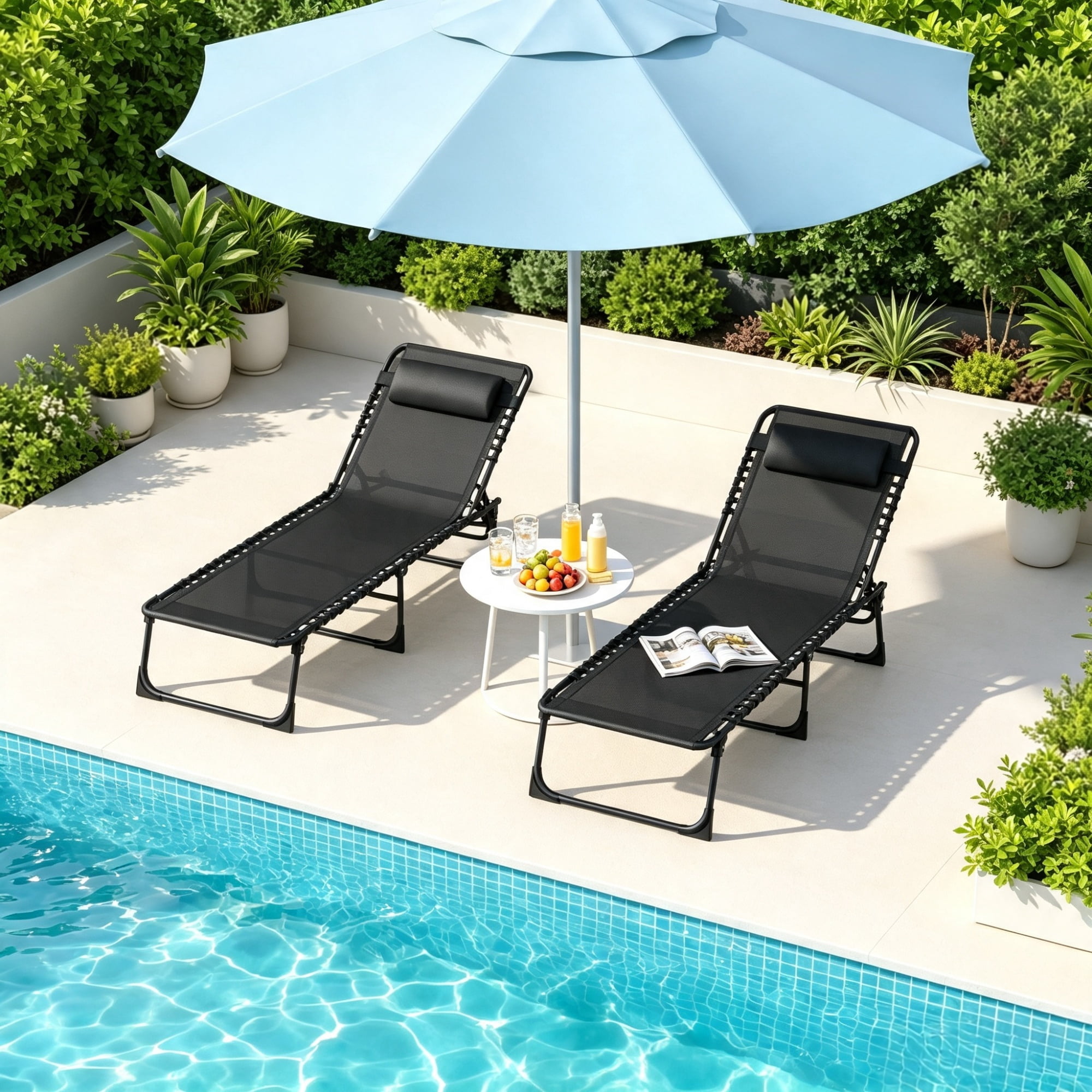 2 Folding Chaise Lounge Pool Chairs, for Poolside Tanning, Pillow, Breathable Mesh, Black