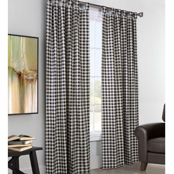 Plow & Hearth 72"L x 80"W Thermalogic Check Tab-Top Curtain Pair, in Black
