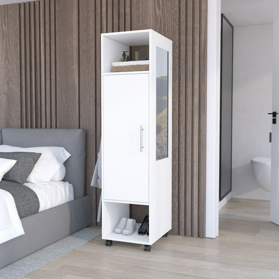 TUHOME Cluster 63-Inch Tall One-Door Wardrobe Cabinet with Mirror, Hanging Rod