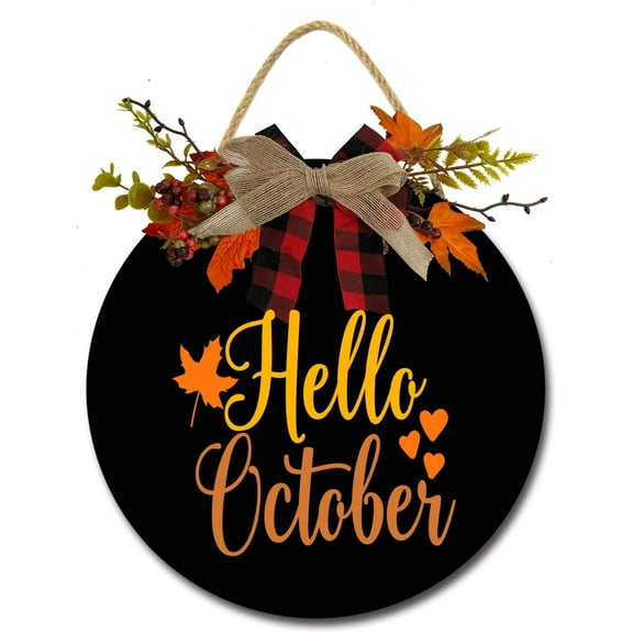 Eveokoki 12" Hello October Wooden Door Sign, Welcome Front Door Plaque Hanger Home Decoration for Farmhouse Office Coffee Shop,Hanging Sign Board with Hanging String for Home Decor