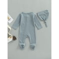 thumbnail image 5 of Baby Boys's Girl's Romper Set, 3M 6M Round Neck Long Sleeve Button-Down Ribbed Feet Wrap Jumpsuit + Hat, 5 of 9