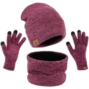 3Pcs Women Winter Beanie Hat Warm Scarf and Glove Set for Women Rose-Red