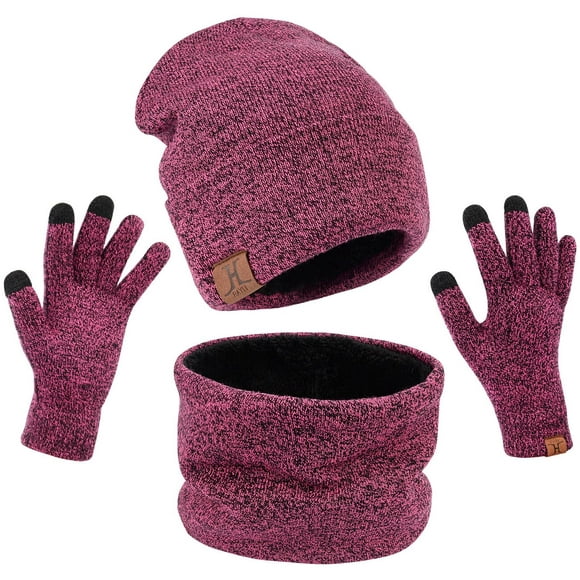 3Pcs Winter Beanie Hat Warm Scarf and Glove Set for Men and Women Rose-Red