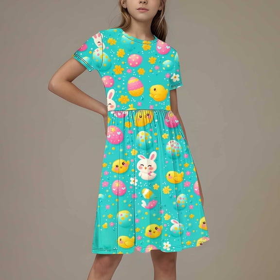 SGFCWSX Girls Short Sleeve Midi Dress Kids Easter Bunny Egg Print Crewneck Summer A-Line Dress for Casual Wear Multicolor Size 9-10 Years