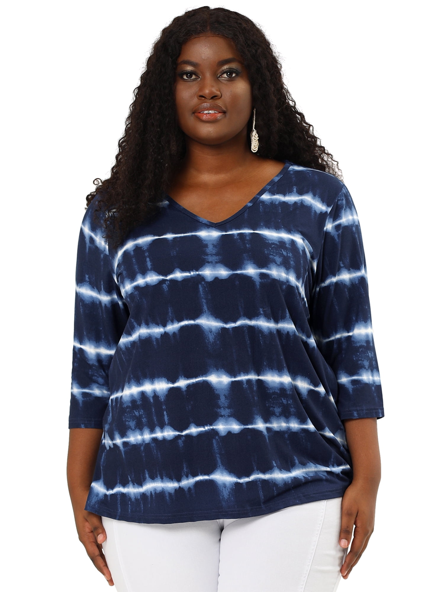 Unique Bargains Women's Plus Size 2 Packs Tie Dye V Neck Comfy Stripe Top 3X Blue/Hot Pink