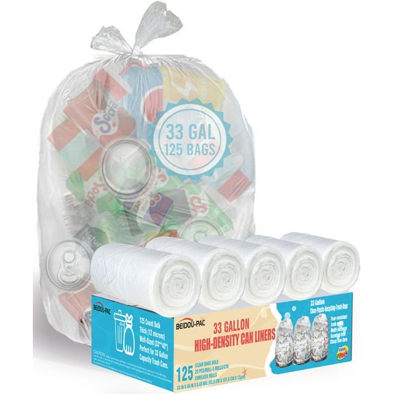 BEIDOU-PAC 33 Gallon Trash Bags, 125 Count, Heavy Duty Clear Plastic Recycling Bags, Unscented