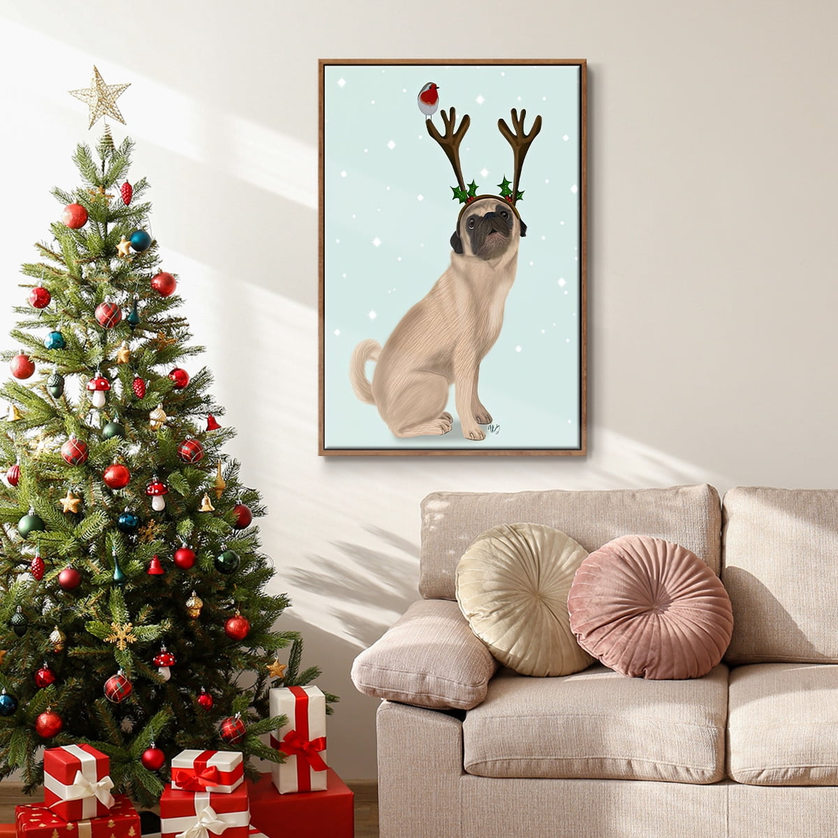 Christmas Pug with Antlers and Robin - Framed Gallery Wrapped Holiday Canvas - 17 x 25 - Rosewood Frame
