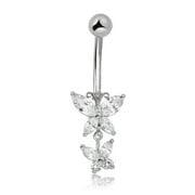 AVORA 10K White Gold Simulated Diamond CZ Double Butterfly Belly Button Ring Body Jewelry (14 Gauge)