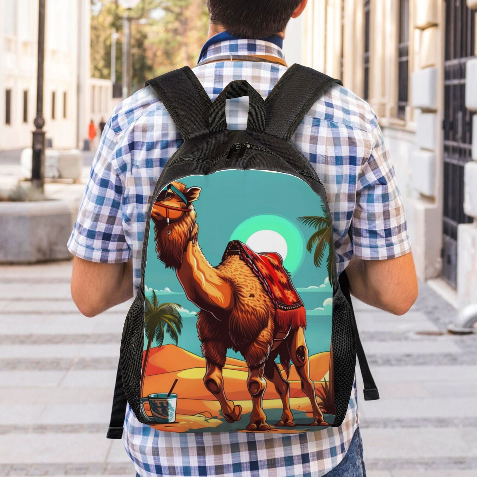 Xecao Cool Camel Oasis Vibes Print School Backpack with Laptop Compartment Small Travel Laptop Backpack for Women Men Waterproof College Backpack Simple School Bag