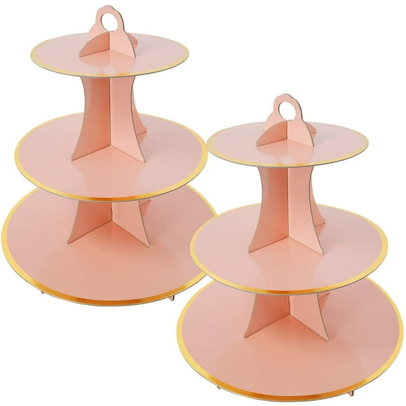 Ensemble de 2 Supports à Cupcakes Ronds en Carton Rose Doré à 3 Niveaux pour 24 Cupcakes Parfaits pour Filles Fournitures de Fête d'Anniversaire de Bébé