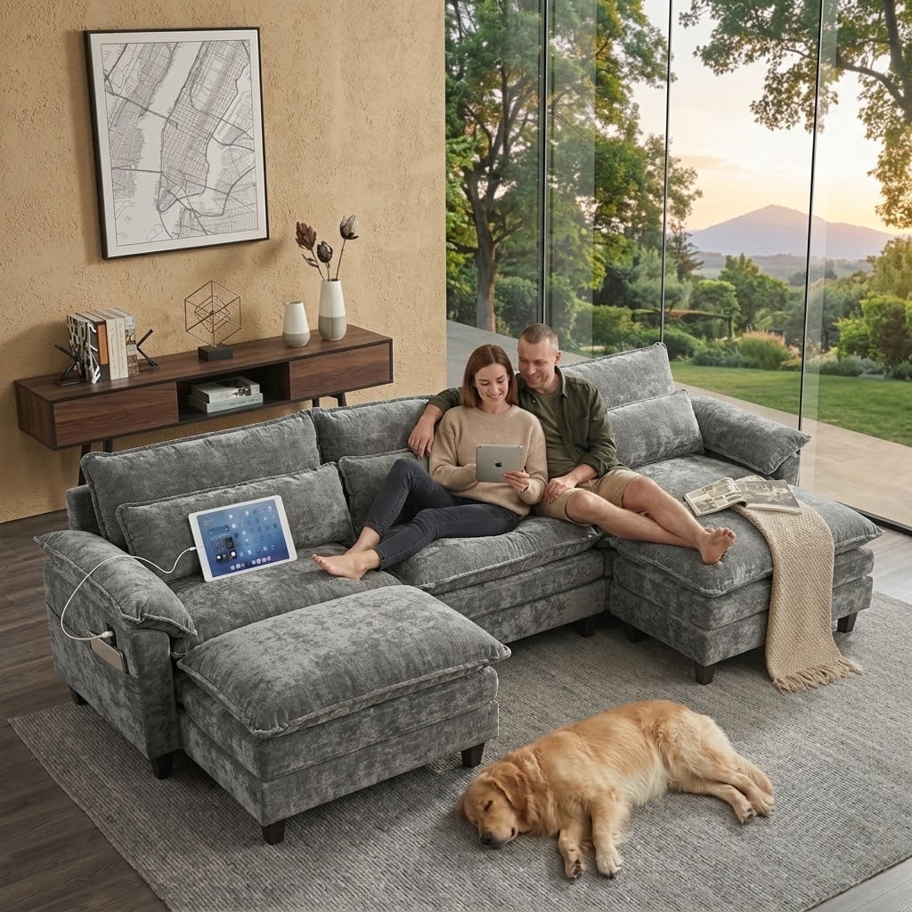 Howcool Cloud Couch Modular Sectional Sofa 3 Seat 113" U Shaped Convertible Couch Chenille Thick Cushion with Ottoman, Removable & Washable Cover for Living Room, Grey