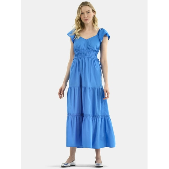 Time and Tru Women's Cotton Maxi Dress with Flutter Sleeves, Sizes XS-XXXL