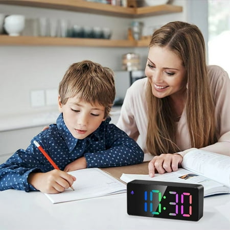 LED Digital Alarm Clock with Mirror Finish Colorful Display Clock Dual Brightness Night Mode USB Powered Desk Clock for Bedroom Home Office, Black