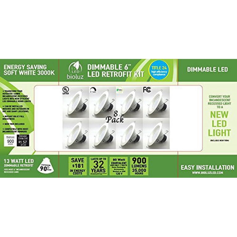Bioluz LED 6 Brightest RETROFIT (120 Watt Replacement) Warm White UL-Listed Dimmable Retrofit LED Recessed Lighting Fixture - 2700K Warm White LED ceiling Light - 1200 Lumen Recessed Downlight Bioluz LED 6 Brightest RETROFIT (120 Watt Replacement) Warm White UL-Listed Dimmable Retrofit LED Recessed Lighting Fixture - 2700K Warm White LED ceiling Light - 1200 Lumen Recessed Downlight