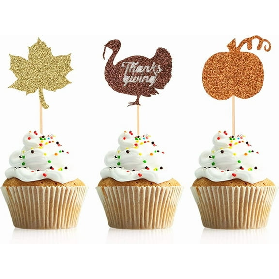 12pcs Thanksgiving Cupcake Toppers Turkey Maple Leaf Pumpkin Cake Picks for Thanksgiving Day Party Decorations