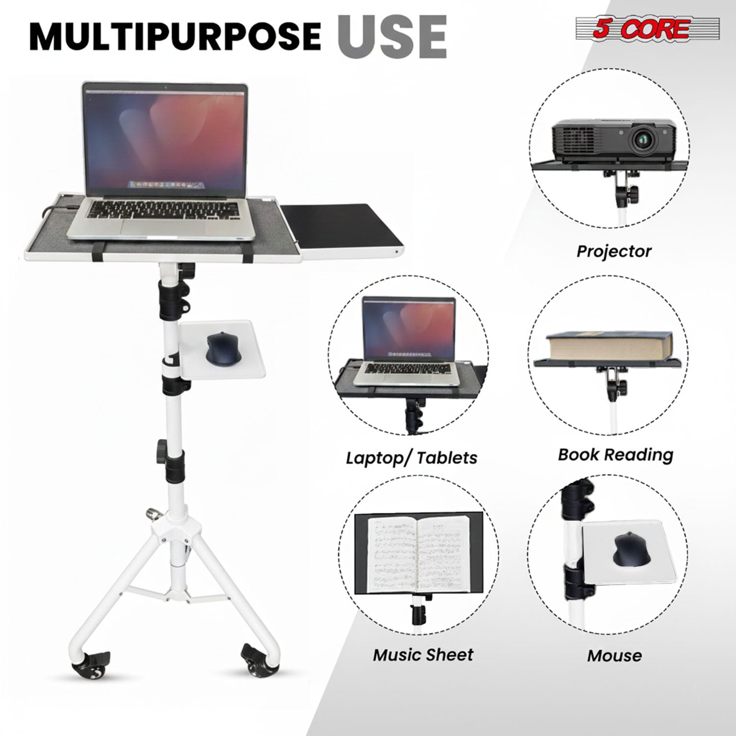 3-in-1 Adjustable Projector Stand with 2 Shelves & Phone Holder, Portable Tripod Laptop Cart, Height 29.5 to 71 Inches, Holds up to 33 lb