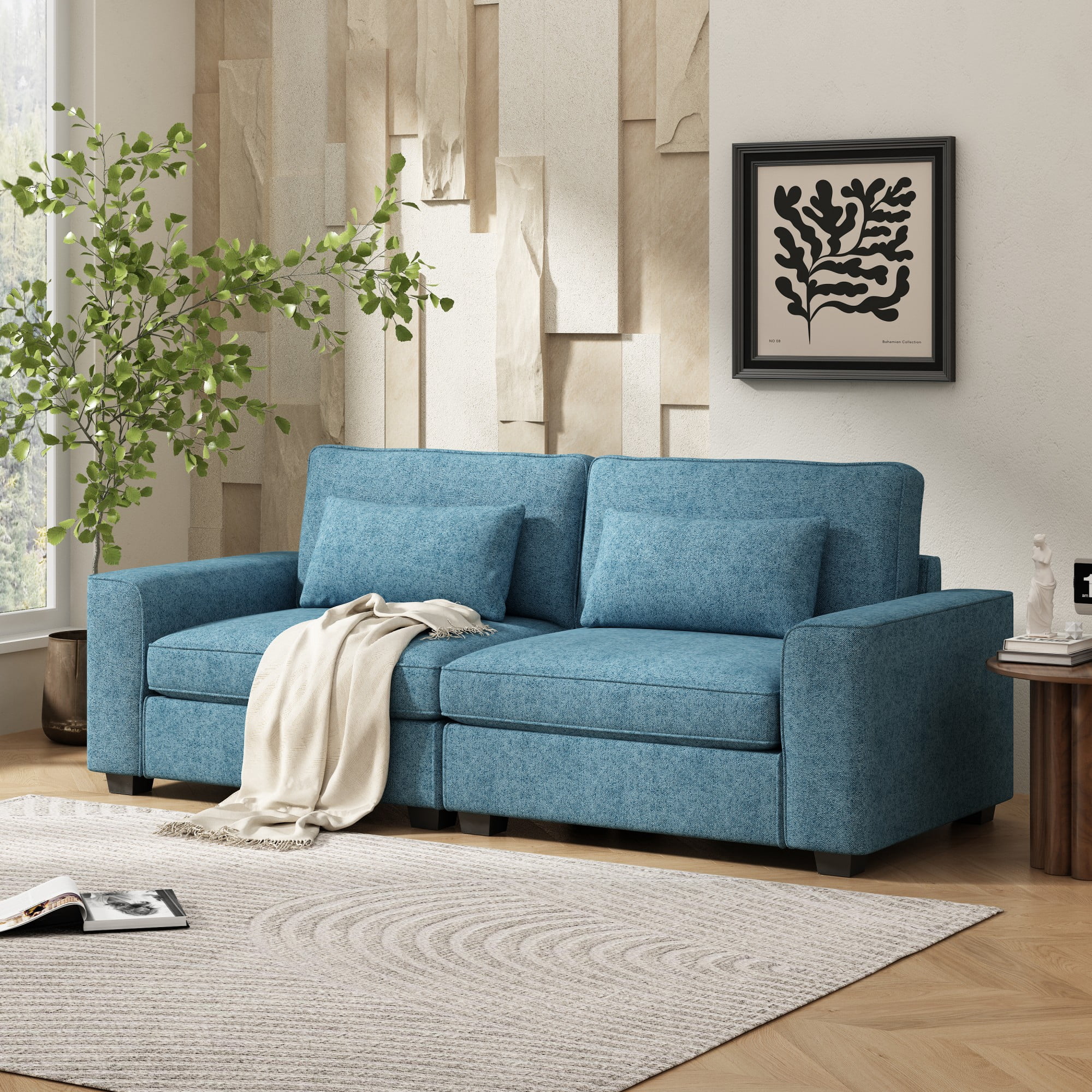 79.5" Modern Sofa Couches,3-Seat Sofa Couch Linen Fabric Upholstered Sofa Furniture with Pillows for Living Room Bedroom Apartment,Blue