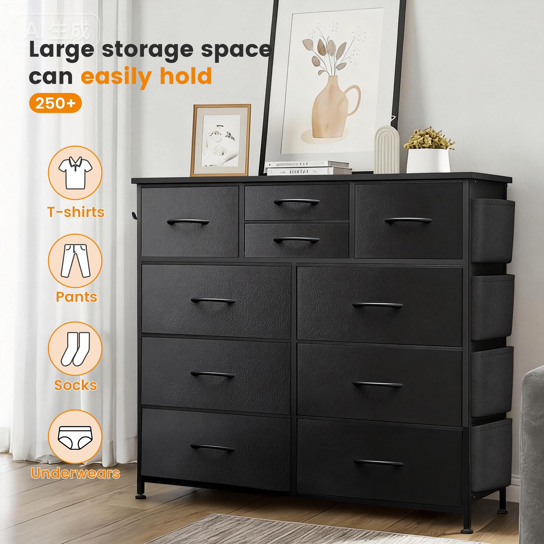 edx Dresser Storage with 10 Drawers, Fabric Dresser Tower with Side Bag, Storage Unit for Bedroom, Closet, Office, Black