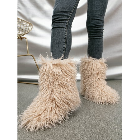 

Furry Boots for Women Fuzzy Fluffy Snow Boot Faux Fur Colorful with Round Toe Water Resistant Flat Shoes Rubber Sole for Girls Outdoor Christmas Fashion Party Gifts O8