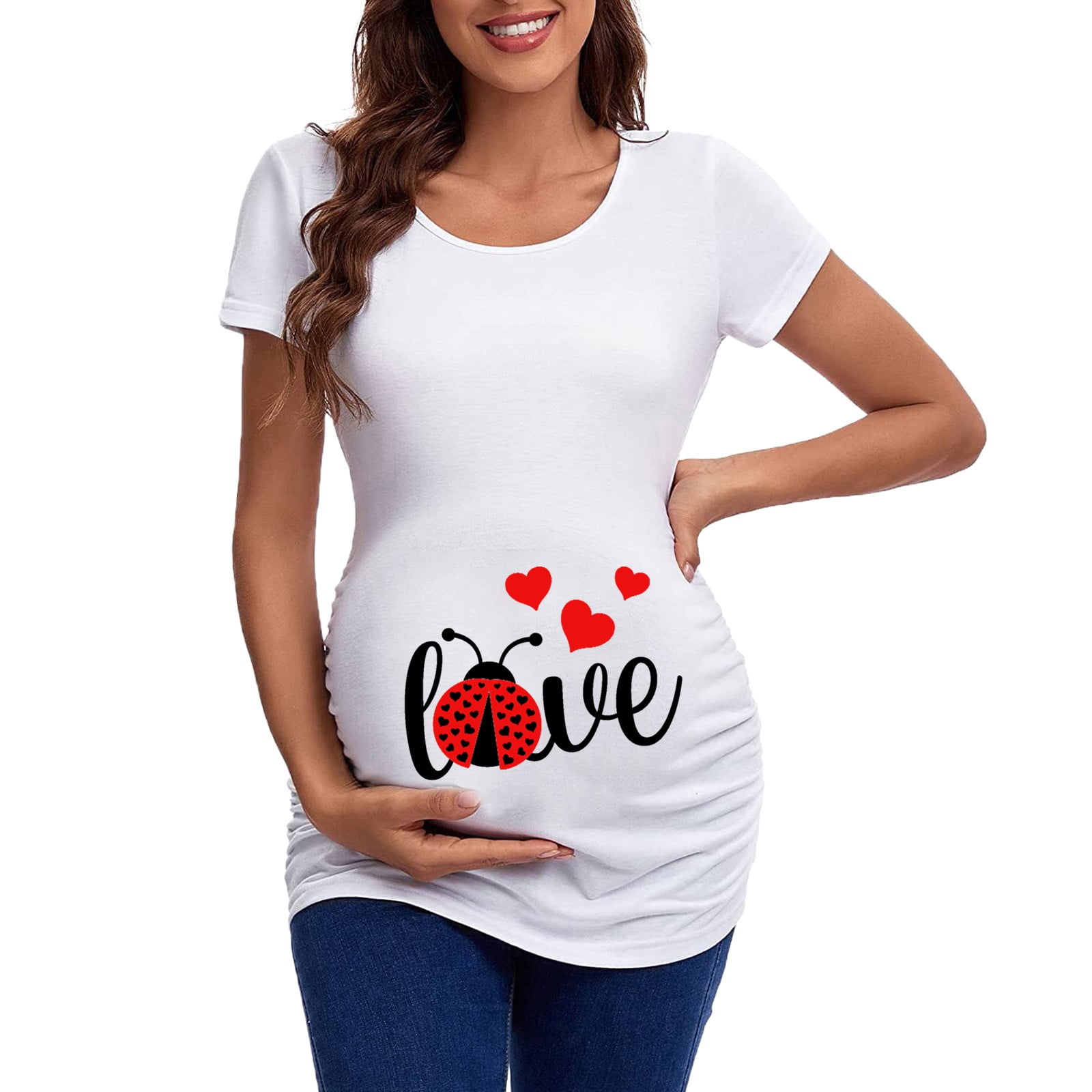 WAJCSHFS Maternity Summer Clothes Plus Size Women's Maternity Shirt Side  Ruched Tunic Pregnancy Top Clothes (White,L) 