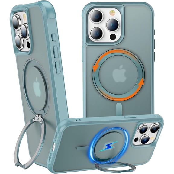 360° Rotatable Stand for iPhone 15 Pro Case with Magnetic [ Grade Drop Tested][Adjustable Kickstand] Ring Translucent Slim Hard Back Soft Edge, Green
